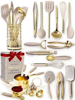 23-Piece Beige and Gold Utensils Set – Silicone Nonstick Cooking Tools with G... - Image 1 of 4