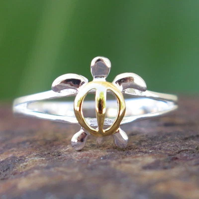 Hawaiian 925 Silver Gold Honu Sea Turtle Open Band Ring Wedding Cute 8mm SR2315 - Image 1 of 4