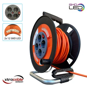 Tamburo per Cavi Cavo di Prolunga 50m Alimentazione Con 4 Prese E Faretto A LED - Foto 1 di 7