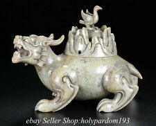5.6" Old Chinese Gaogu Hetian Jade Nephrite Hand Carved Dragon incense burner