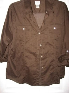 Chicos Brown Cotton,Lightweight,Button Front Shirt,Roll Tab Slv, 2,L - Picture 1 of 7