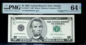 *Star* $5 Federal Reserve Note-Cutting Error- Black Line Show On Top-PMG #64 EPQ - Picture 1 of 4