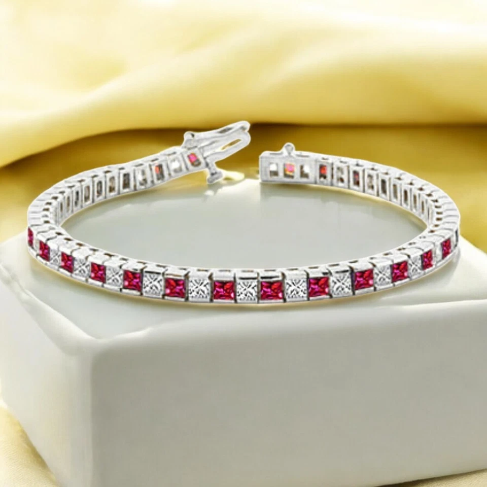 4.30 Cts Princess Cut Natural Diamonds Ruby Unisex Tennis Bracelet in 14K Gold - Image 1 of 1