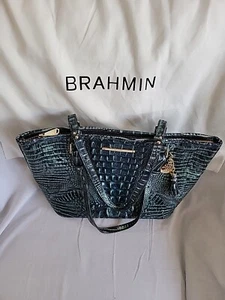 Brahmin Asher Embossed Croc Leather Shoulder Bag Blue Green Metallic Dust Bag - Picture 1 of 16