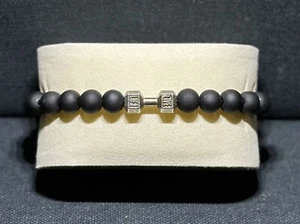 Matte Black Stone Dumbbell Men’s Bracelet “Live. Lift.” 8mm Handmade US - Picture 1 of 2
