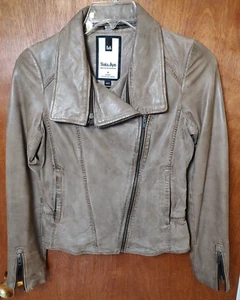 Soia & Kyo size XS beige genuine leather moto jacket diagonal zip, zip pockets - Picture 1 of 15