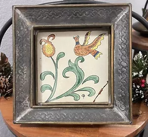 Vintage Modernist Gene Byron Copper Brass Tin Framed Tile Hanging Bird RARE 8x8 - Picture 1 of 7