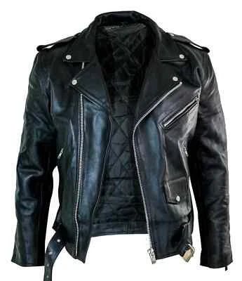 Men's Motorcycle Leather jacket Genuine Buffalo Skin Brando Style Black Biker yh - Image 1 of 4
