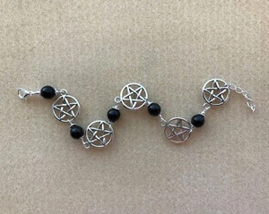 Pentagram and Black Agate Bead Bracelet in Gift Bag - Wicca Magic Pagan Witch - Picture 1 of 8