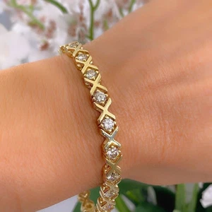 5Ct Round Cut Simulate Diamond X Bar ShapeTennis Bracelet 14K Yellow Gold Plated - Picture 1 of 6