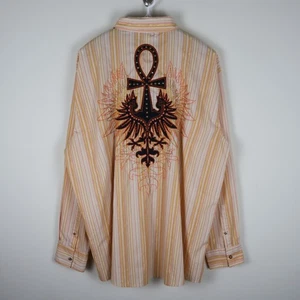 Pelle Pelle Embroidered Ankh Striped Long Sleeve Button Down Shirt 5XL 29.5x36 - Picture 1 of 24