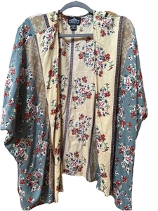 Cárdigan Kimono Angie Floral Boho Amarillo Teal Frente Abierto Talla Mediana - Imagen 1 de 5
