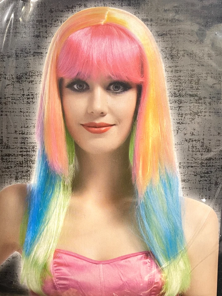 Peluca arco iris Halloween para mujer naranja pastel, púrpura, azul y rosa Foto 1 de 1