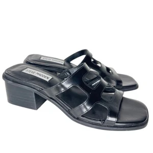 Steve Madden Womens Princess Slides Shoes Sandals Block Heel Leather Black 6 - Picture 1 of 8