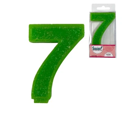 "Vela de gran número grande 7 séptimo cumpleaños 3"" verde brillo brillo arte adorno de pastel" Foto 1 de 4