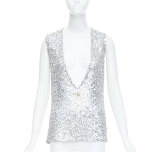 DOLCE GABBANA 2022 Runway silver sequins DG charm plunge neck top IT36 XXS - Picture 1 of 9