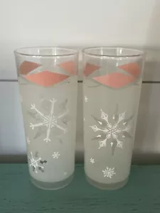 Vintage MCM Anchor Hocking Highball Cocktail Glass Set Pink Snowflake Holiday 2 - Picture 1 of 1