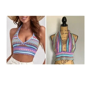 SHEIN Dreamara Chevron Print Backless Halter Top Color Lilac Purple Sz XL - Picture 1 of 13
