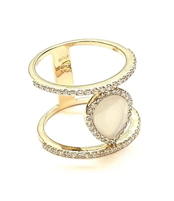 Anillo Doble De Oro Amarillo De 18 Quilates Con Piedra De Luna Y Diamantes - Imagen 1 de 4