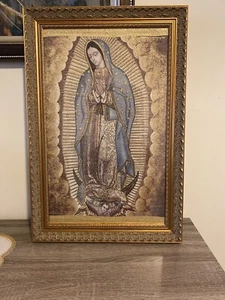 Religious icon banner our lady of Guadalupe Mary Pure Cotton In Wood Frame - Picture 1 of 6
