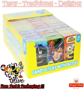 Superman Batman Minions Candy Sticks with Tattoo - Full box of 36 - Picture 1 of 1
