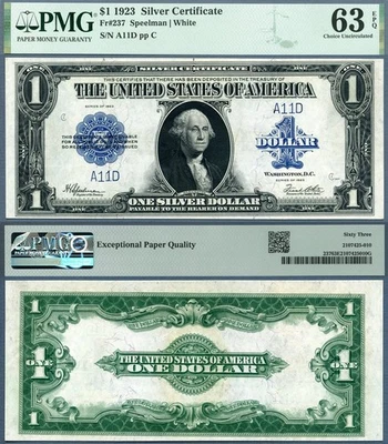 1923 $1 Silver Certificate FR-237 PMG Graded CU 63EPQ Low Fancy S/N A11D Yes 11 - Image 1 of 3