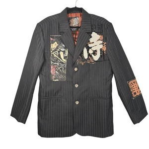 Metafuori Sport Coat Blazer Mens Large Navy Pinstripe Graphic Samurai VJ4-5104 - Picture 1 of 15