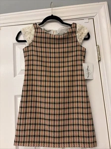 NWT Maggie Breen Brown & Pink Plaid Faux  Fur Cap Sleeve. $69. Size 8. Fall - Picture 1 of 9