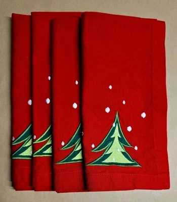 Set of 4 Crate & Barrel Red Cotton Embroidered  Christmas Tree 21"  Napkins - Image 1 of 4
