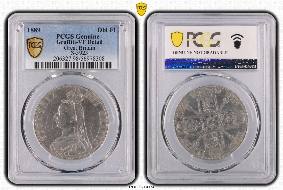 Gran Bretaña 1889 doble florín graduación profesional muy buen estado graffiti Foto 1 de 1