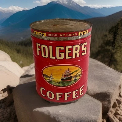 Vintage FOLGER'S COFFEE 5 lb Key Wind Tin w/ Original Lid Copyright 1931 (Empty) - Image 1 of 4
