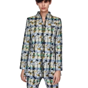 Zara Basic Satin Blazer Women Medium Grid Botanical Mandarin Jacquard Long Line - Picture 1 of 15