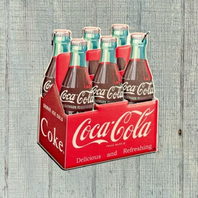 Classic 6-Pack Glass Coke Bottle Coca-Cola Carrying Carton METAL Hanging Sign - Image 1 of 4