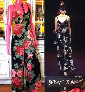 Abito tutina vintage Betsey Johnson anni 90 nero cavolo rosa floreale pagliaccetto piccolo - Foto 1 di 13