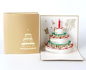 Happy Birthday Cake 3D Pop Up Greeting Card, Gold Color Cover - 1 PC - Picture 1 of 2