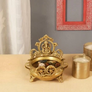 Brass Ethnic Carved Ganesha Design 7 Inches Brass Urli Decor Bowl, Golden - Picture 1 of 5