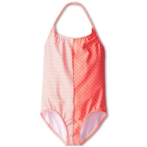 ROXY One Piece Girls 8 12 14 Kids Neon Coral Polka Dots Striped Swimsuit Junior - Picture 1 of 2