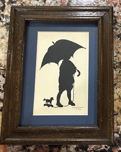 Vtg Cut Paper Silhouette Signed Cathy Sumrall Child Umbrella Matted Wood Frame - Picture 1 of 5