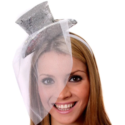 SILVER MINI TOP HAT WITH NET GLITTER FASCINATOR FANCY DRESS ACCESSORY CHRISTMAS - Image 1 of 4