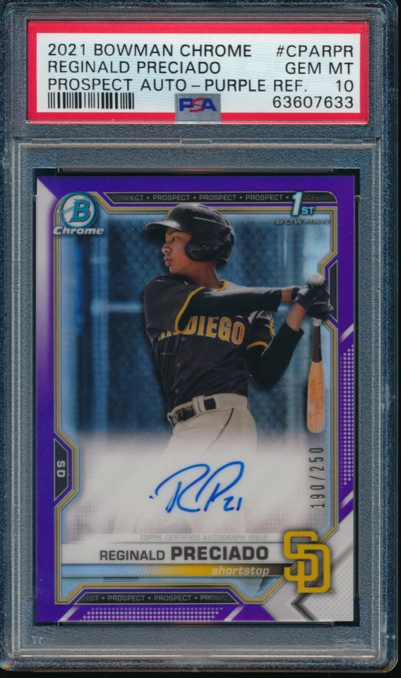 PSA 10 REGINALD PRECIADO AUTO 2021 Bowman Chrome PURPLE REFRACTOR /250 GEM MINT - Image 1 of 1