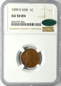 1909 S LINCOLN WHEAT CENT VDB 1C NGC AU 50 BN - Picture 1 of 2