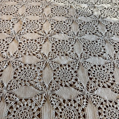 Vintage Crocheted Bedspread Tablecloth Cutter Crafts or Repair 87x96 Great Edge - Image 1 of 4