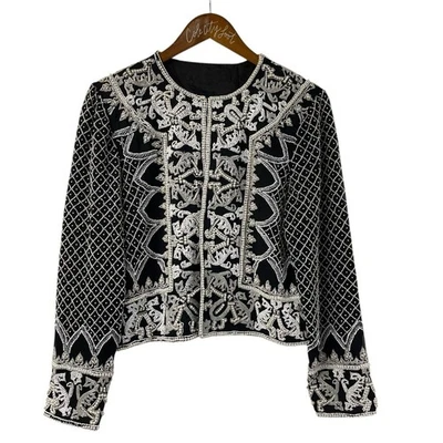 Chaqueta con Cuentas Blanco y Negro Vintage Fiesta Top Pesada Elegante Foto 1 de 4