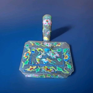 Precioso cenicero de mayordomo silencioso Cloisonne de latón y esmalte chino vintage - Imagen 1 de 9