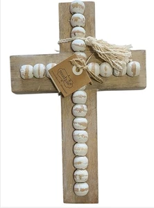 Mudpie Wooden Cross Light Brown & White Shabby Chic Wood Beaded Hanging Decor - Picture 1 of 12