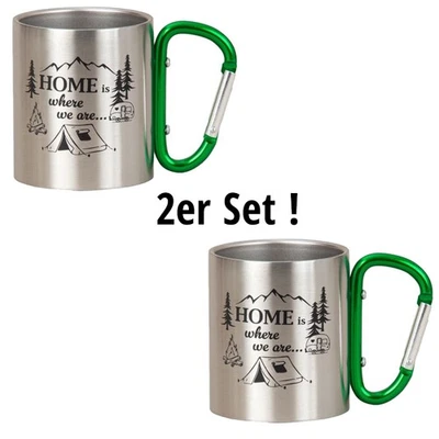 MEL-O-DESIGN GMBH 2x Metallbecher grünem Karabinerhenkel "Home is where we are" Wanderbecher Tasse