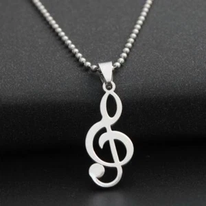 TREBLE CLEF NECKLACE Stainless Steel 316L Metal Pendant 24" Ball Chain Music NEW - Picture 1 of 4