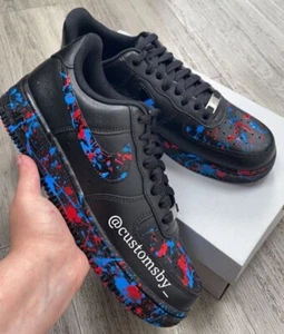 Air Force 1 Custom Black Shoes Comic Red & Blue Graffiti Art Splatter Mens Kids - Picture 1 of 20