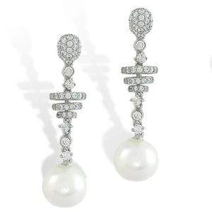 Good Looking Pearl Cultured White Round Shape Dangle Earrings For Silver Women - Picture 1 of 4