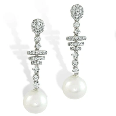 Good Looking Pearl Cultured White Round Shape Dangle Earrings For Silver Women - Image 1 of 4